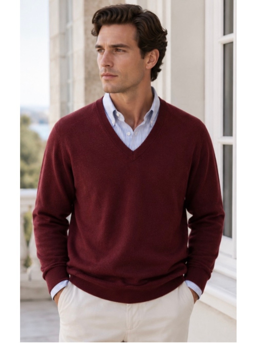 Men's Alan Paine V-Neck Sweater Burgundy XL Imported England Luxury